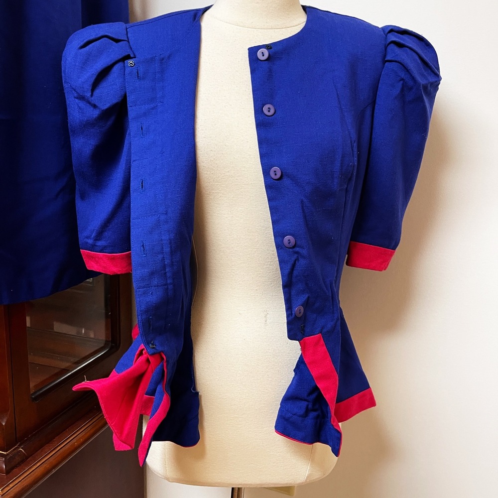 Leslie Lucks Vintage 80s Cobalt Blue Pink Bow Peplum Jacket and Skirt Set Small - Picture 5 of 7